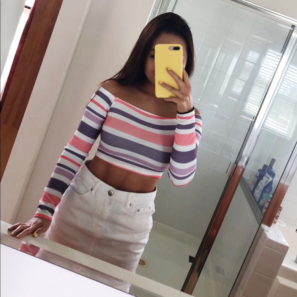 White Stripe Bardot Long Sleeve Crop Top